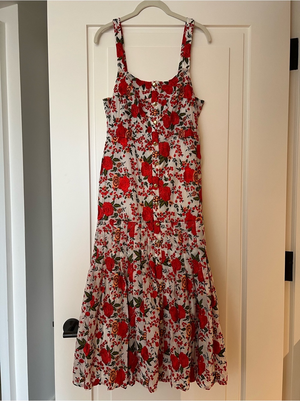 Alexis White Midi Dress with Red Rose Embroidery